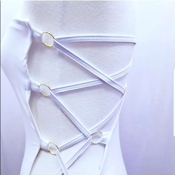 One Piece Swimsuit White Hot Lace Up Open Side - Picture 6 of 7